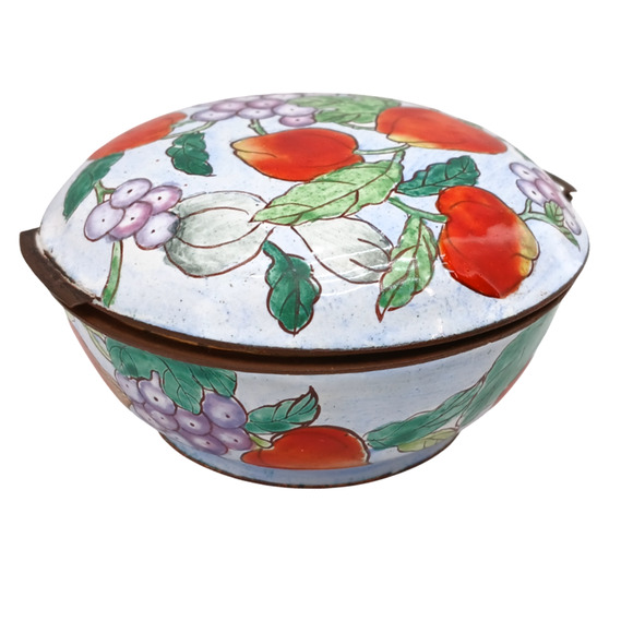 Vintage Hand Painted Round Porcelain Trinket Jewelry Box Copper Tone Hinged Lid - Picture 4 of 8